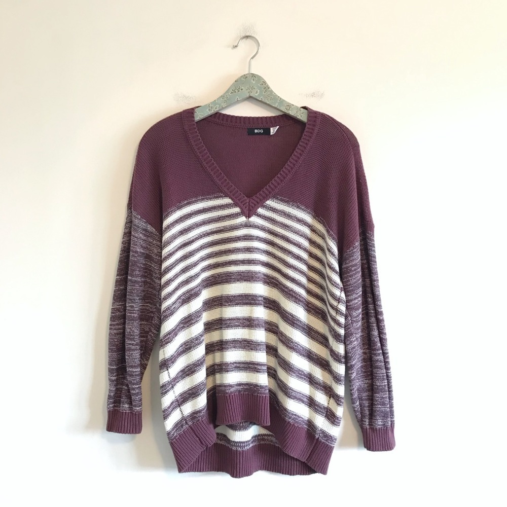 BDG Striped V-neck Pullover Knit Sweater Purple